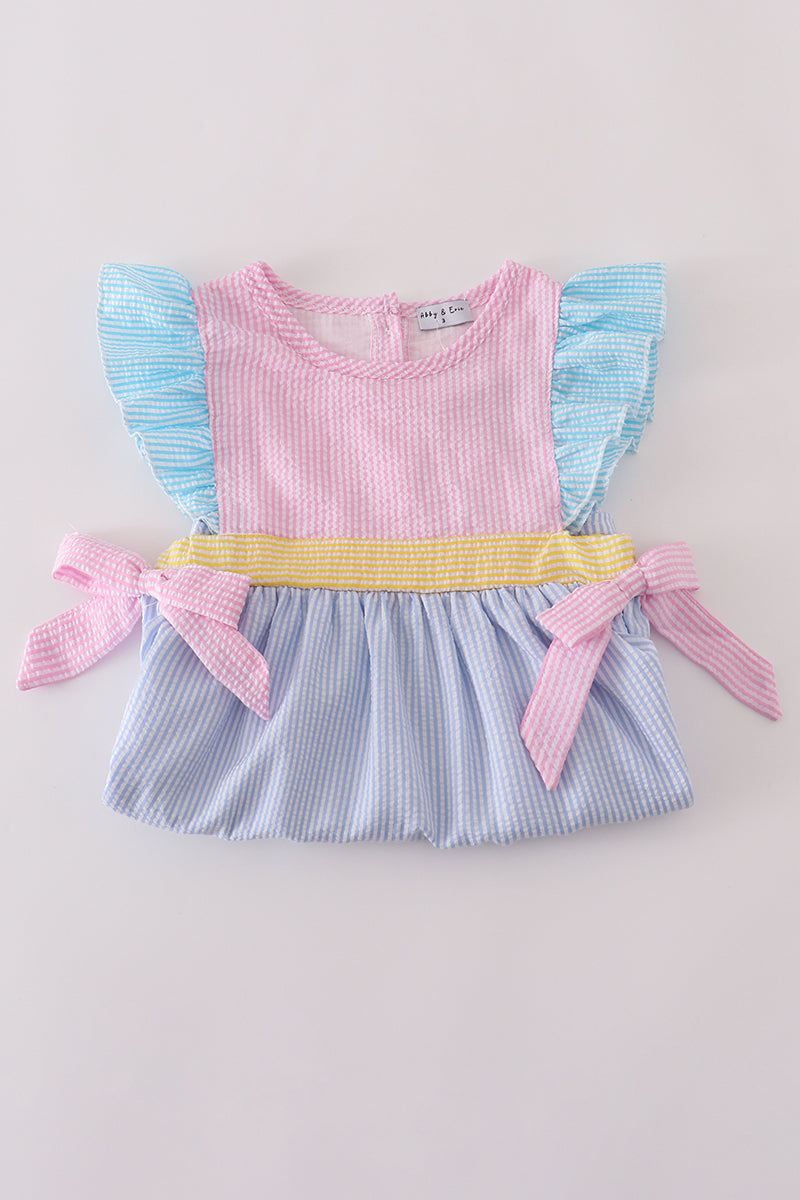 Multi color seersucker stripe ruffle shorts set