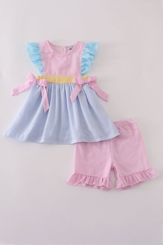 Multi color seersucker stripe ruffle shorts set