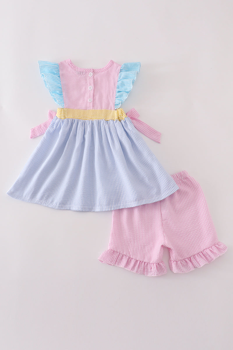Multi color seersucker stripe ruffle shorts set